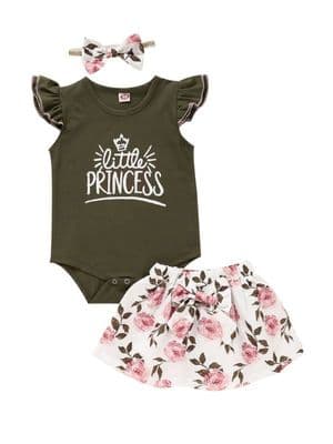 3-Piece Baby Girl Little Princess Print Onesie & Floral Skirt & Headband