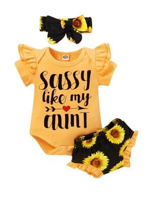 3-Pieces Baby Girl Sassy Like My Aunt Sunflower Set Bodysuit & Sunflower Shorts & Headband