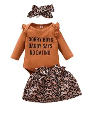 3 Pieces Baby Girl Sorry Boys Daddy Says No Dating Leopard Set Bodysuit & Skirt & Headband