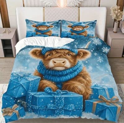 3pcs Duvet Cover Set Highland Cow Snowflake