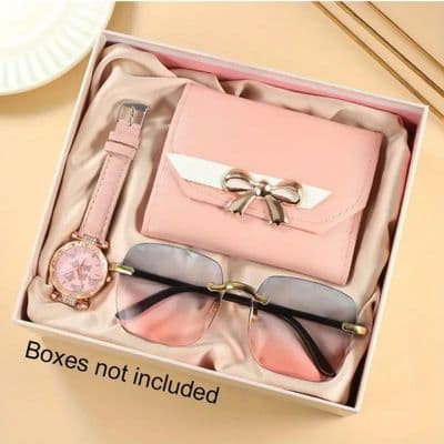 3pcs Faux Leather Quartz Watch, Glasses and Wallet Set