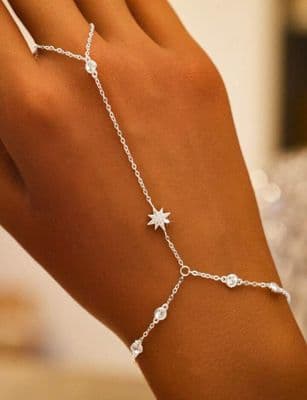 925 Sterling Silver Octagon Artificial Cubic Zirconia Knuckle Hand Chain Ring Bracelet