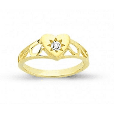 9CT GOLD SOLID BABY CHILDS SINGLE SET CUBIC ZIRCONIA HEART SHAPE SIGNET RING