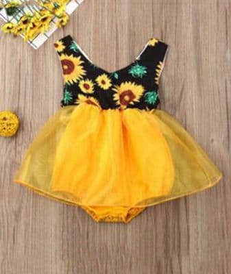 Baby Girl Sunflower Print Mesh Sleeveless Bodysuit Dress
