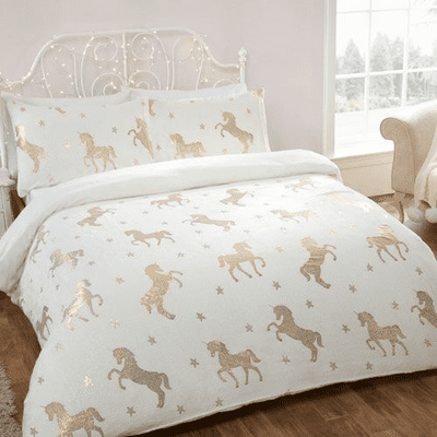 COMFY FLEECE FOIL UNICORN DUVET CREAM - Double only