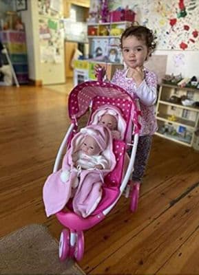 Dotty Tandem Twin Double Dolls Pram Pink Polka