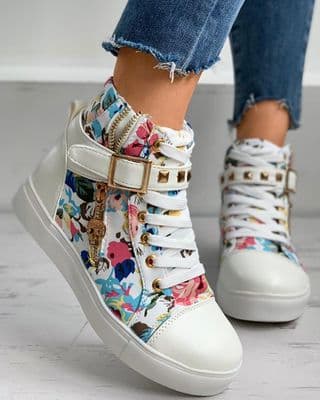 Floral Print Lace-up Hidden Wedge Sneaker