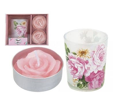 Floral Votive & Pink Rose Candle Set
