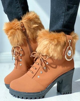 Fluffy Rhinestone Lace-up Chunky Boots
