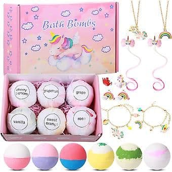 Girls 6 Pcs Kids Bath Bombs with Surprise Jewelry Gentle Bubble Fizzy Bath Balls