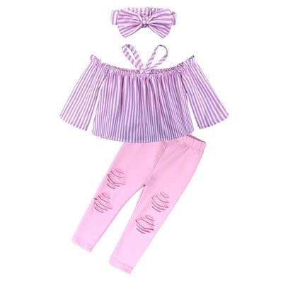 Girls Clothing Sets Summer Baby Kids Girls Off-shoulder Shirt Stripe T-shirt Tops Pants