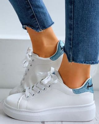 Glitter Letter Embroidery Lace-Up Casual Sneakers