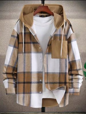 Hypemode Men Plaid Patched Pocket Drawstring Hooded Shirt Without Tee