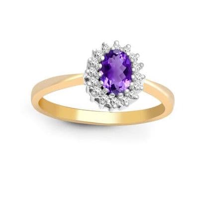 Jewelco London 9ct Yellow Gold H I2 0.12ct Diamond and Oval Purple 0.44ct Amethyst Classic Royal Clu