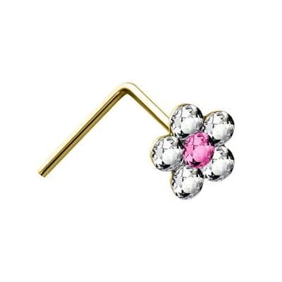 Jewelco London Ladies Solid 9ct Yellow Gold Pink and White Round Crystal Daisy Flower Nose Stud 4mm