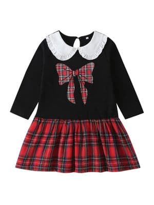 Kid Girl Contrast Collar Checked Hem Dress