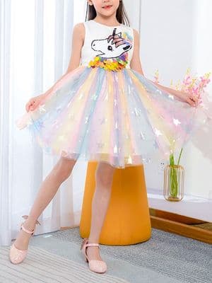 Kid Girl Sequins Unicorn Rainbow Patchwork Mesh Dress