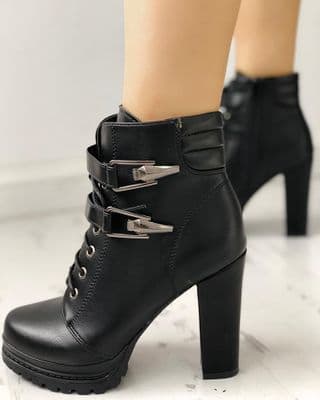 Lace-Up Buckle Platform Chunky Heeled Ankle Boots