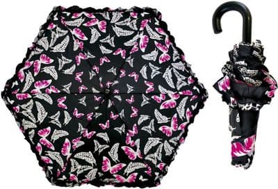 Ladies Butterfly Lightweight Crook Handle Super Mini Umbrella with Frilly Edge