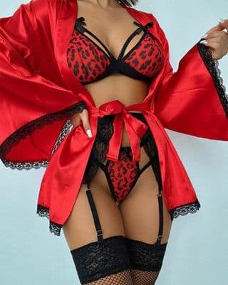 Leopard Print Cutout Contrast Lace Garter Lingerie Set With Robe