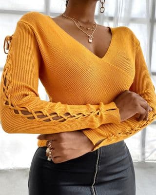 Long Sleeve Lace-up Wrap Knit Sweater