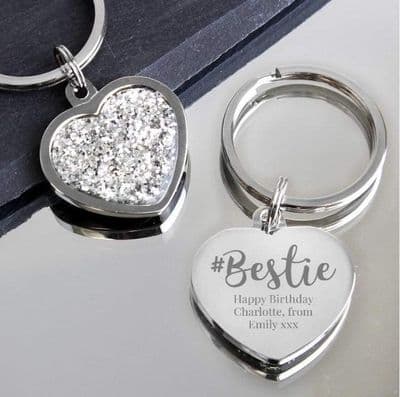 Personalised #Bestie Diamante Heart Keyring