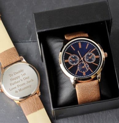 Personalised Mens Rose Gold Tone Watch with Brown Strap and Presentation Box