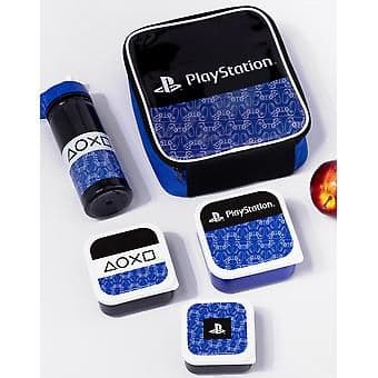 PlayStation Boys Lunch Bag Bottle and 3 Snack Pot Black Logo All-Over Print cx