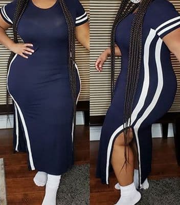 Plus Size Striped Print Maxi Slit Dress
