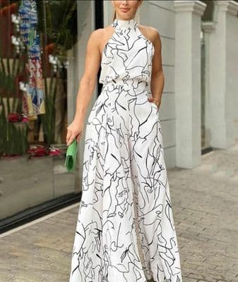 Privé All Over Print Halter Top & Wide Leg Trousers