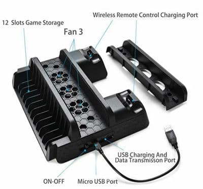 PS4/PS4 Slim/PS4 PRO Vertical Stand with Cooling Fan Cooler Dual Controller Charger Charging Station