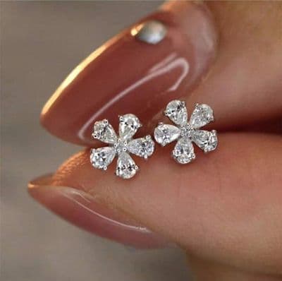 S925 Sterling Silver Water Drop Shape Cubic Zirconia Sakura Ear Studs