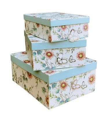 Set Of Three Floral Nesting Boxes - Blue Lids