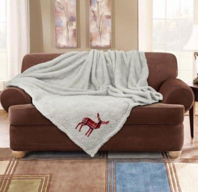 STAG EMBROIDERED SOFT TEDDY FEEL THROW CREAM