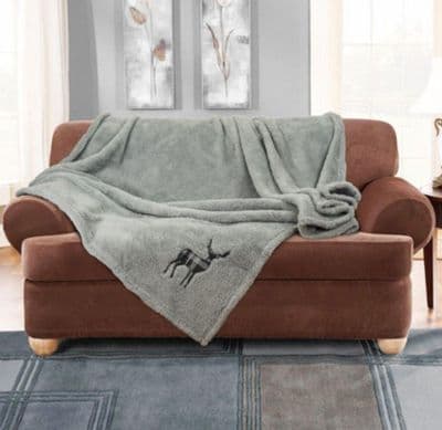 STAG EMBROIDERED SOFT TEDDY FEEL THROW SILVER