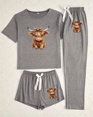 Three-Piece Cartoon Highland Cow Print Pajama Set