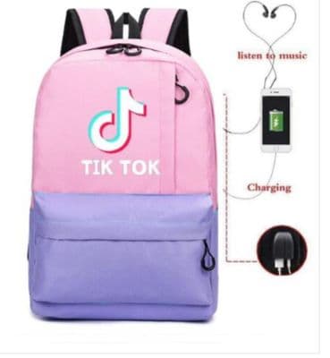 TIK TOK Backpack - waterproof school bag with USB and headphone Pink