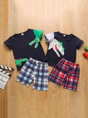 Two Pieces Boy crocodile Print Top With Checked Shorts Loungewear Set