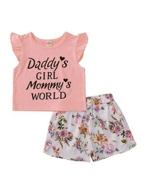 Two Pieces Daddy's Girl Mommy's World Print Top With Flower Shorts Outfit