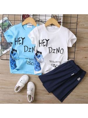 Two Pieces Little Boy Hey Dino See You At The Disco Print Top And Drawstring Shorts Set