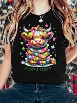 Women's Highland Cow & Scottish Fold Cat Graphic T-Shirt