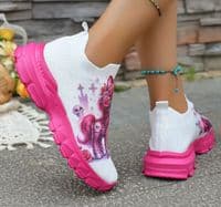 Women's Lightweight Casual Sneakers with Cartoon Cat & Floral Skull Design