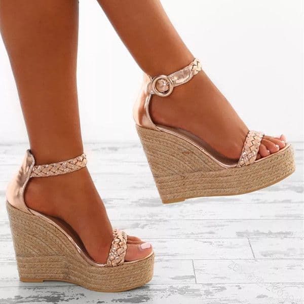 Women's Straw wedge Sandals - Rose Gold, Euro 34
