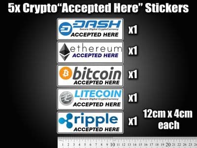 5 popular Crypto accepted Stickers decals till shop sign XRP BTC ETH LTC DASH