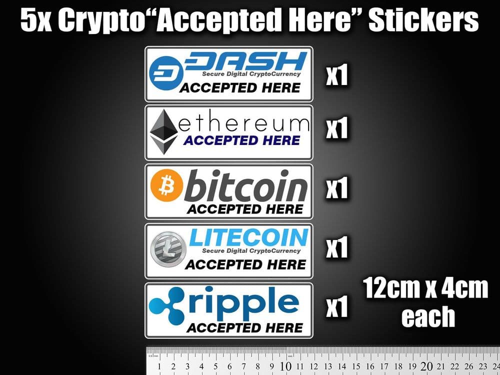 5 popular Crypto accepted Stickers decals till shop sign XRP BTC ETH ...