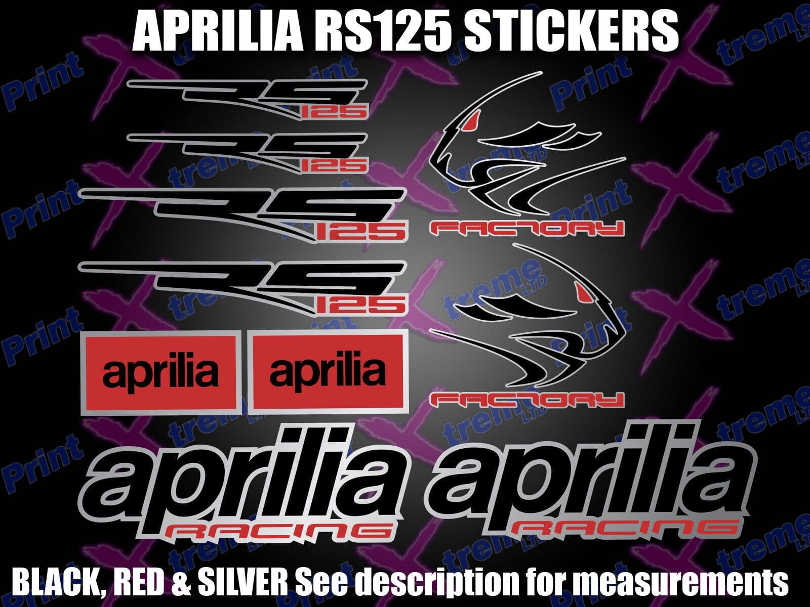 Aprilia RS125 Black Red & Silver sticker decal kit set Factory Racing ...