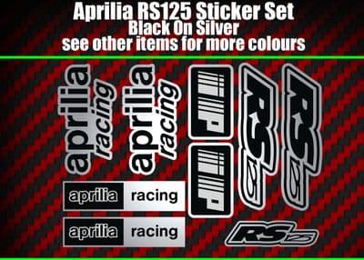 Aprilia RS125 DECALS STICKERS Silver & Black  RS 125 Racing IP, 9 piece