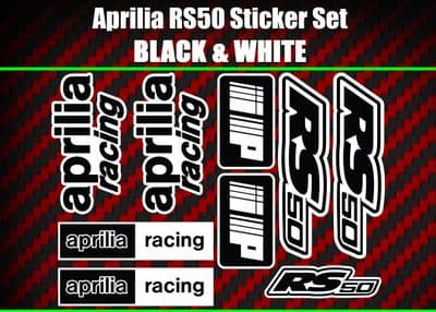 Aprilia RS50 DECALS STICKERS BLACK & WHITE  RS 50 Racing IP, 9 piece