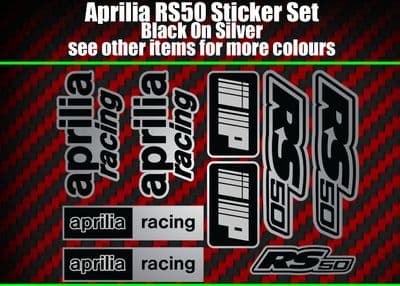 Aprilia RS50 DECALS STICKERS Silver & Black  RS 50 Racing IP, 9 piece