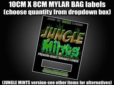 JUNGLE MINTS MYLAR BAG POUCH LABELS 10CM X 8CM Cali Stickers RX Medical